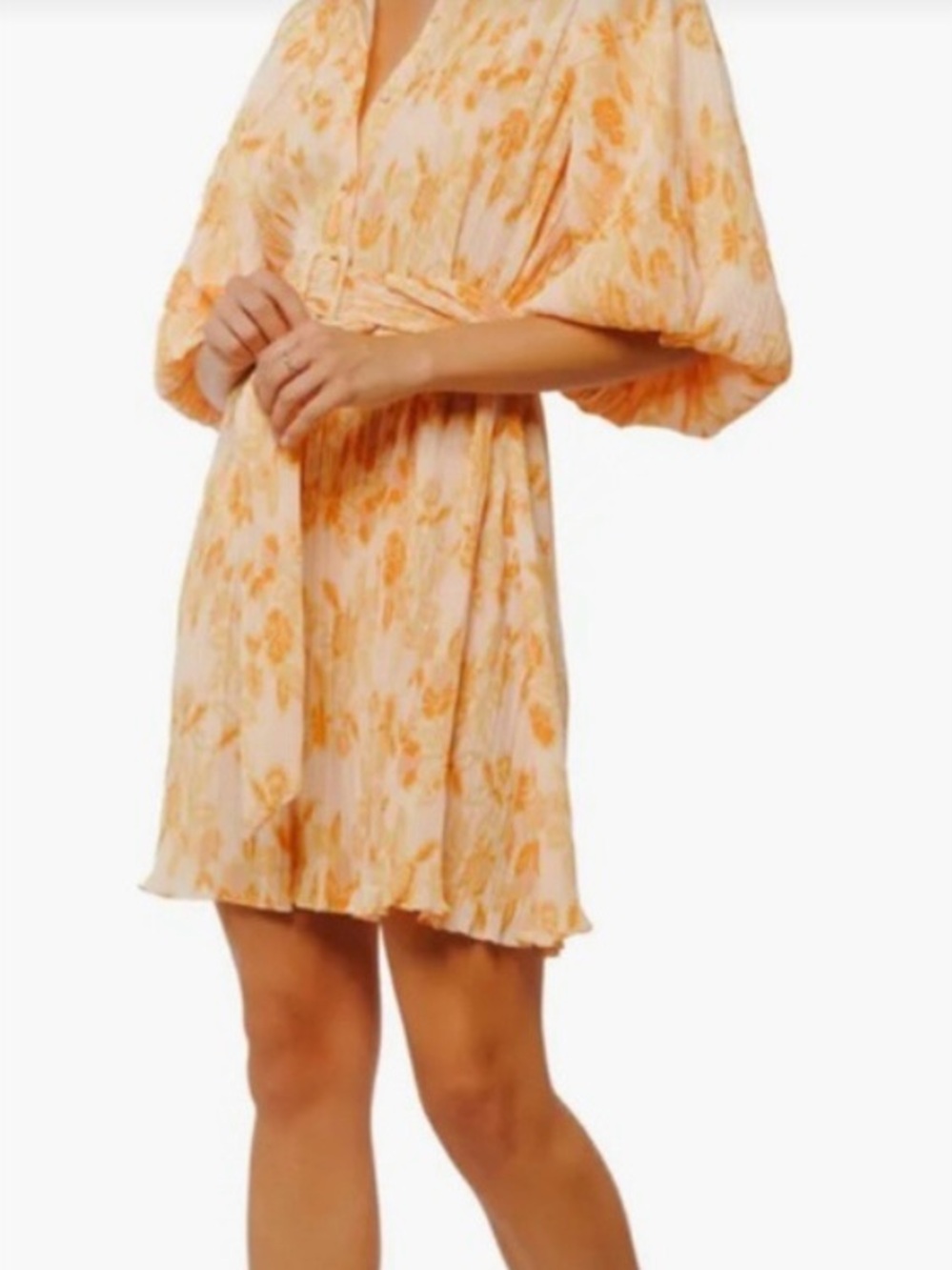 Ciebon Aniston Plisse Belted Mini Dress Balloon Sleeve Floral Peach Yellow - M